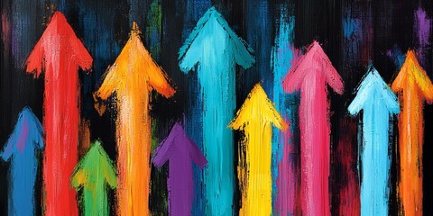 Poster - Painting of many arrows pointing in different directions. The painting is colorful and has a sense of movement and energy. The arrows seem to be pointing towards a brighter future
