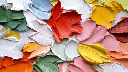 Poster - Painting of many different colored flowers with a lot of white paint. The painting is very colorful and vibrant, with a lot of different shades of pink, yellow, and green
