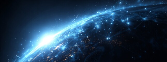 Poster - The concept of business worldwide relies on communication technology and the internet, forming a global network connected through telecommunication on planet earth, incorporating cryptocurrency,