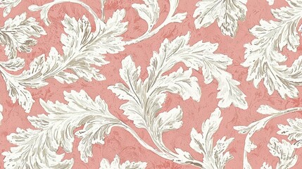 Poster - Pink and white floral wallpaper with leaves and flowers. The design is very intricate and detailed. The color scheme is soft and elegant, giving the room a warm and inviting atmosphere