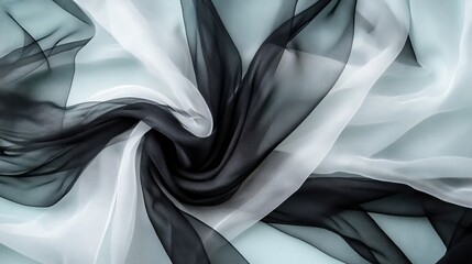 Poster - A delicate and soft texture is evident in the abstract image of swirling black and white tulle fabric, which creates a pattern resembling a vortex