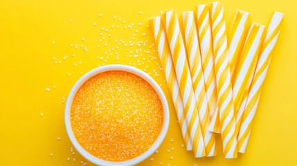 Poster - A yellow background serves as the base for an assortment of items, including yellow and beige colored pencils, lemon slices, a small bowl of yellow glitter, and four tubes