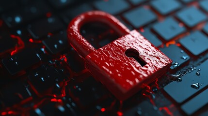 Poster - Red lock is on a keyboard. The lock is surrounded by water and fire. Concept of danger and urgency
