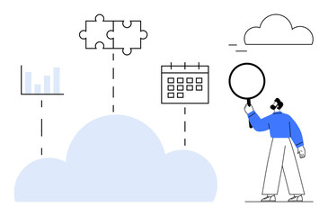 Poster - man holding magnifying glass linked to cloud, bar chart, puzzle pieces, calendar, and lightweight cl