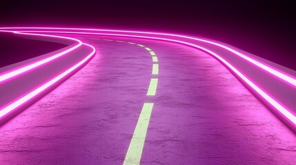 Fototapete - Road with pink and yellow lines. The road is lit up with neon lights