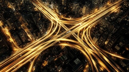 Poster - At night, a dense city is filled with intersecting bridges, as seen from above and illuminated by artificial light sources