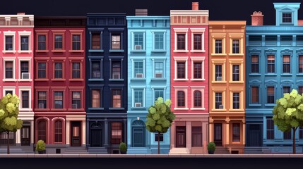 Poster - Row of colorful apartment buildings with a tree in the foreground. The buildings are painted in different colors, and the street is lined with trees. The scene gives off a feeling of a lively