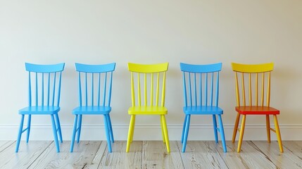 Fototapete - Row of four blue and yellow chairs are lined up against a white wall. The chairs are all different sizes and are arranged in a straight line. The chairs are all facing the same direction