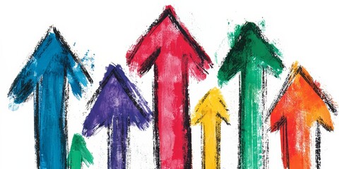 Poster - Series of colorful arrows pointing upwards. The arrows are drawn in different colors and sizes, creating a sense of movement and energy. The image conveys a feeling of growth, progress