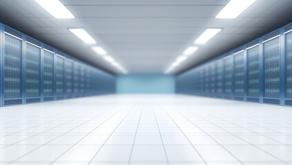 Poster - A row of server racks in a modern data center is lit up with cool blue light, giving the space a clean and technological feel