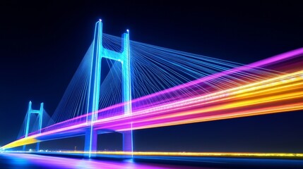 Poster - The city skyline is visible at night with a bridge and light trails