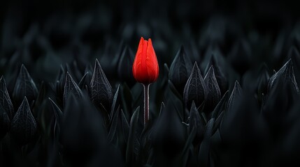 Aufkleber - Single red flower is the only thing in a field of black plants. The flower stands out against the dark background, creating a sense of contrast and drawing the viewer's attention