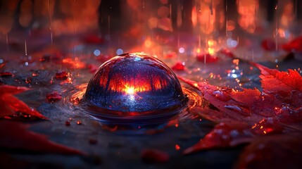Aufkleber - Small blue sphere is floating in a puddle of water. The water is red and the sphere is reflecting the light from the sun. The scene has a dreamy, ethereal quality to it