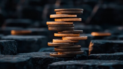 Poster - Stack of coins on a rock. The coins are of different sizes and colors. Concept of value and importance, as the coins are stacked on top of each other