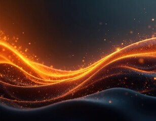 Leinwandbilder - Abstract modern digital art. Black, orange futuristic design with golden glowing waves. Yellow particles, light, curves, dark background. Suitable for banner ads, wallpaper, business presentation