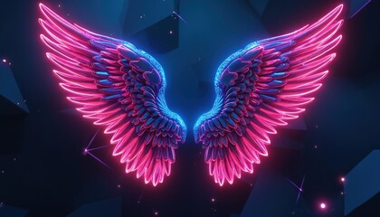 Leinwandbilder - Vibrant neon angel wings on geometric background. Pink blue lights. Futuristic cyberspace concept with glowing wings illustration. Bright digital design for modern tech and art projects.