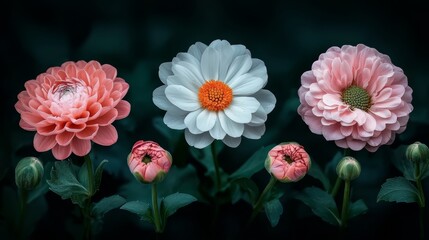 Poster - Three flowers of different colors are arranged in a row. The pink flower is in the middle, and the white flower is on the right. The arrangement creates a sense of harmony and balance