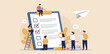 © LM - Checklist to complete project task, accomplish work checkmark, todo list clipboard or project status report, plan to finish work concept, business people holding pencil complete task