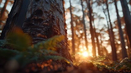 Aufkleber - Tree trunk with a sun shining on it. The sun is in the background and the tree is in the foreground