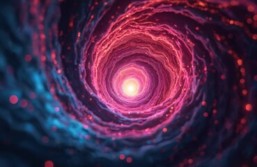 Leinwandbilder - AI-generated artwork swirling vortex of space colors. Pink, red, blue hues create captivating spiral tunnel, wormhole, portal. Abstract design featuring glowing light in center. Perfect for tech,