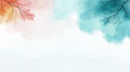 Leinwandbilder - Watercolor painting of two branches with leaves and a blue sky. The painting is abstract and has a calming effect
