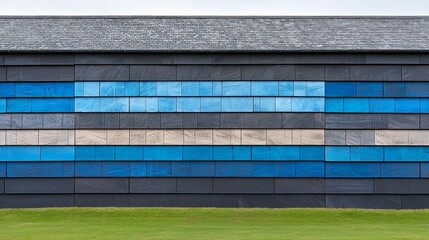 Poster - Wall with blue and white stripes. The wall is made of wood and has a blue and white stripe