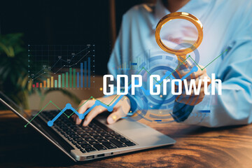 Poster - growth concept. business professional analyzing economic data with graphs and magnifying glass focus