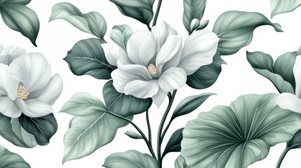 Poster - White flower with green leaves is the main focus of the image. The flower is surrounded by green leaves, which give the impression of a lush, vibrant garden. Scene is one of tranquility