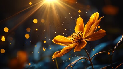 Poster - Yellow flower with a lot of light shining on it. The light is coming from the sun and is creating a beautiful, warm glow. The flower is surrounded by a lot of light, which makes it stand out