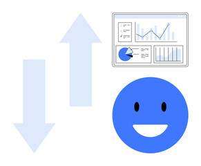 Poster - up and down arrows indicating dynamics, analytics dashboard with charts, and a smiling face. ideal f