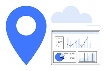 Poster - blue location pin alongside analytics dashboard featuring graphs, charts, and a cloud backdrop. idea