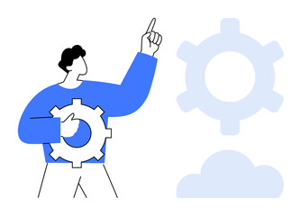 Poster - individual holding gear element, pointing upward near cloud and gear shapes. ideal for innovation, t
