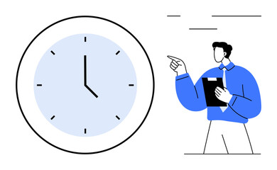 Poster - man holding clipboard and pointing towards large clock, reinforcing time management. ideal for produ