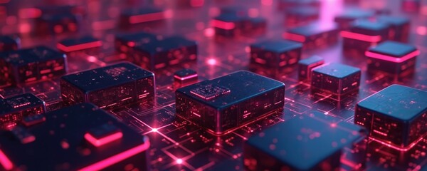 Leinwandbilder - Futuristic digital illustration network. Cyber world connection with glowing circuits, blockchain connections inside metaverse. High tech computer network concept, information transfer, business