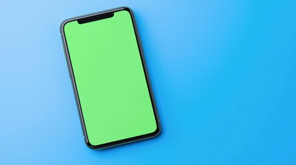 Poster - Smartphone with Green Screen on Vibrant Blue Background for Mockup and Design Purposes