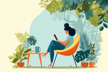 Poster - Remote Worker Relaxes in Garden While Using Tablet and Enjoying Peaceful Nature Surroundings