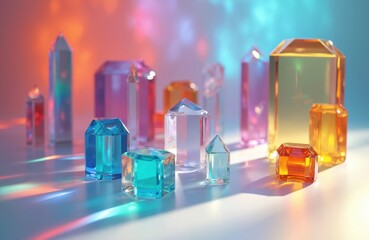 Poster - abstract background glass geometric figures with light spectrum color refraction complex reflection.