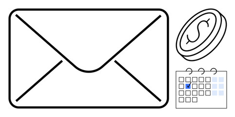 Poster - large envelope, coin with dollar sign, and calendar denoting key tasks or schedules. ideal for finan