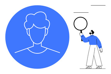 Poster - profile outline in blue circle beside minimal character holding magnifying glass. ideal for identity