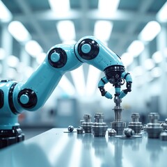 Poster - Automated robotic arm assembling metal parts. Modern tech at work. Industrial automation. Robotics in advanced manufacturing process at industry plant. Production line process. Smart industry 4. 0.