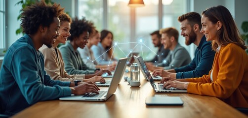 Poster - Diverse team meeting at start up office. Colleagues work on laptops, networking in cyberspace, discussing finance, corporate, business. AI digital technology global connection.