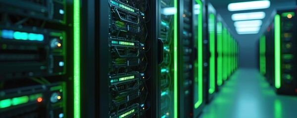 Poster - Modern server units arranged tech lab with neon green framework. Intricate wiring with ambient lighting. Data center network storage hardware. High-tech innovation, digital transformation, computing,