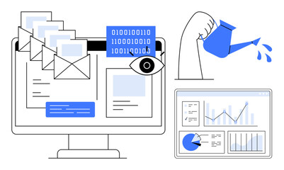 Poster - emails on monitor, binary code, hand watering for growth, graph analytics. ideal for email marketing