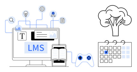 Poster - computer monitor with lms interface, open book, game controller, calendar, tree, and creative icons.