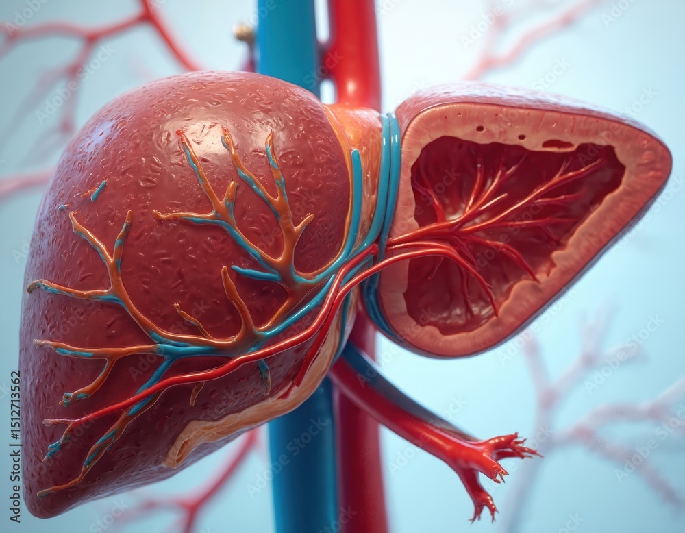 Detailed view of human liver internal anatomy. Cross-section ...