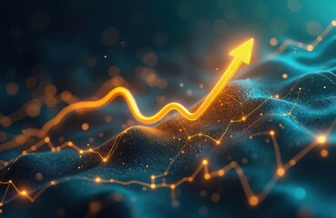 Poster - Digital business graph chart with glowing arrow. Growth investment concept. Stock market trade with line chart. Abstract background with glowing dots. Financial success, up trend in business strategy.