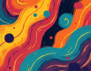 Poster - Psychedelic abstract pattern in retro 90s style. Bright swirling shapes, waves, dots in vibrant colors create dynamic composition. Trendy, funky artwork suitable for backgrounds, posters, prints,