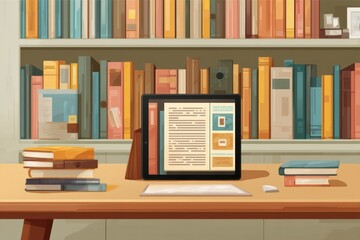 Aufkleber - Digital Library Displayed on Tablet Resting on Table Surrounded by Books in Warm, Inviting Setting