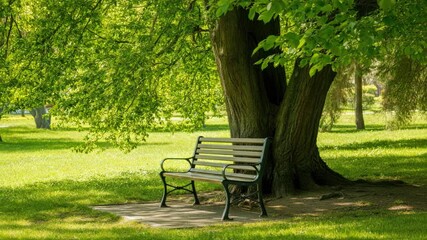 Wall Mural - sunny day in park with bench under large tree