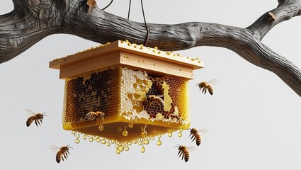 Fototapete - Hyper-realistic 3D rendering of beehive hanging from tree branch. Detailed honeycomb structure and rough bark. Isolated white background. Honeybees near the honeycomb at natural environment.